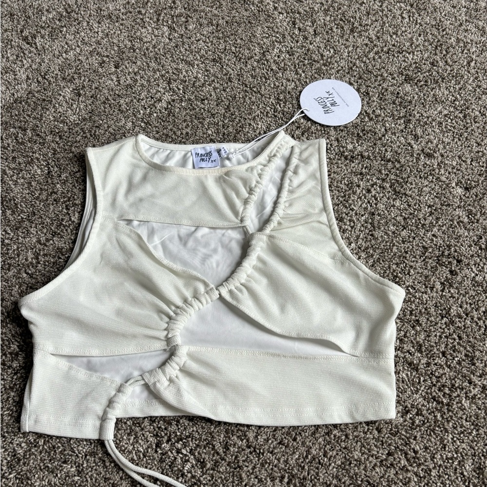 Princess Polly Cream Sleeveless Ruched Crop Tank